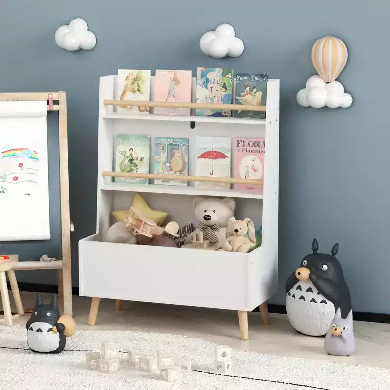 VIYET 37 Kids Bookshelf & Toy Organizer - White MDF+Pine Legs, 2 Shelves, Storage Bin, Anti-Tipping