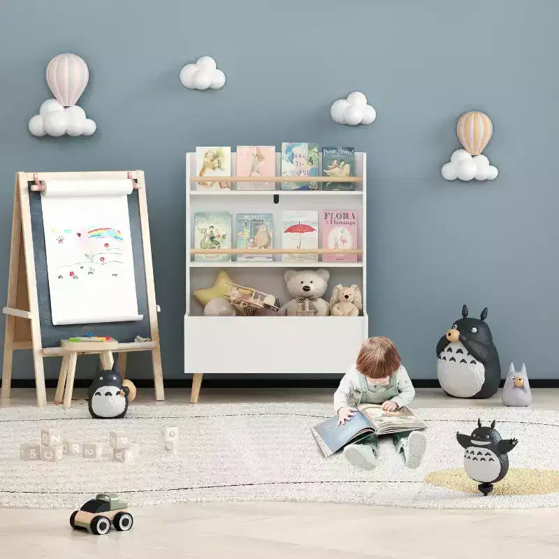 VIYET 37 Kids Bookshelf & Toy Organizer - White MDF+Pine Legs, 2 Shelves, Storage Bin, Anti-Tipping