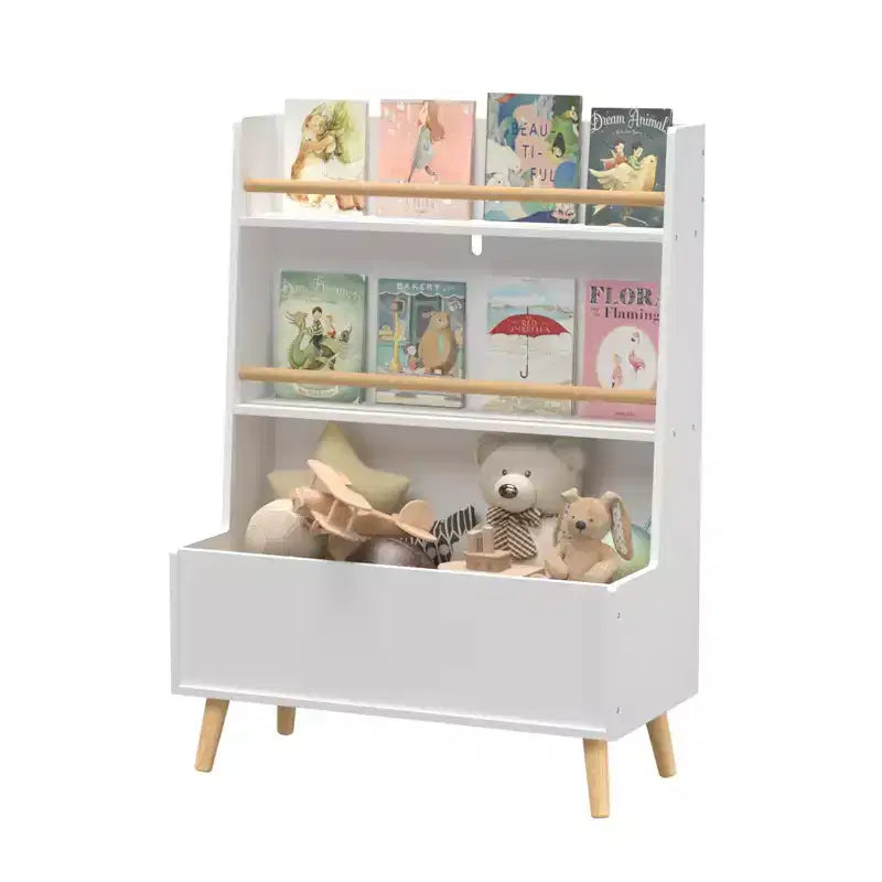 VIYET 37 Kids Bookshelf & Toy Organizer - White MDF+Pine Legs, 2 Shelves, Storage Bin, Anti-Tipping