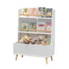 VIYET 37 Kids Bookshelf & Toy Organizer - White MDF+Pine Legs, 2 Shelves, Storage Bin, Anti-Tipping