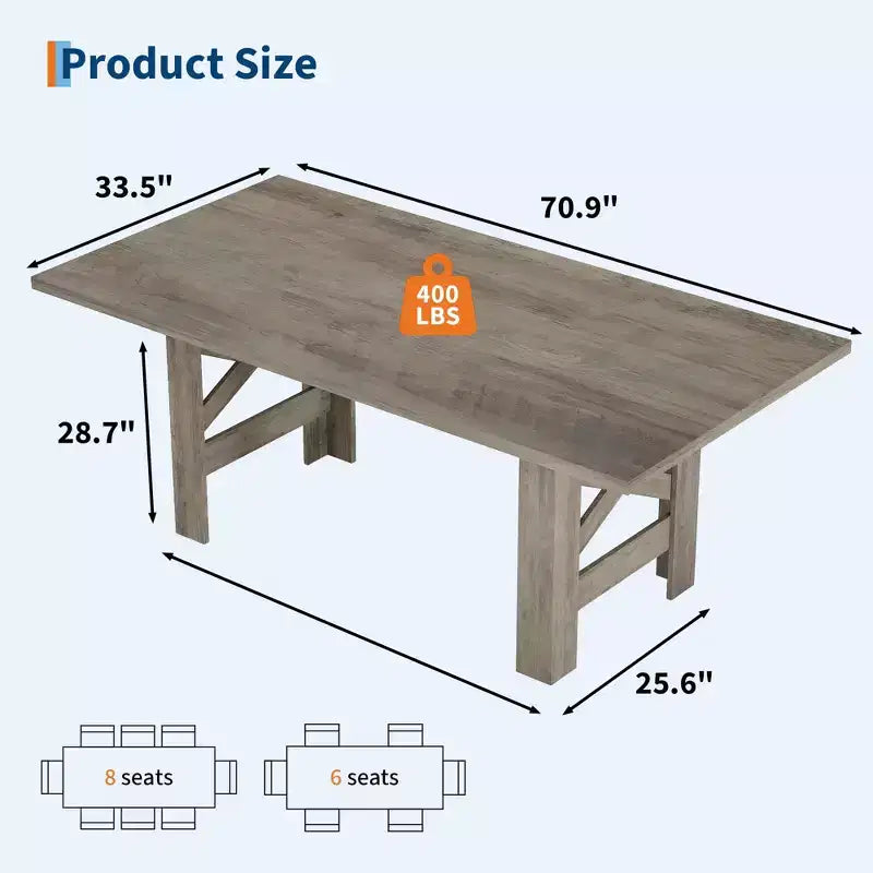 Acekool 71 Farmhouse Dining Table for 6-8, Heavy-Duty Rectangle Table with Triangular Legs for Kitchen or Dining Room