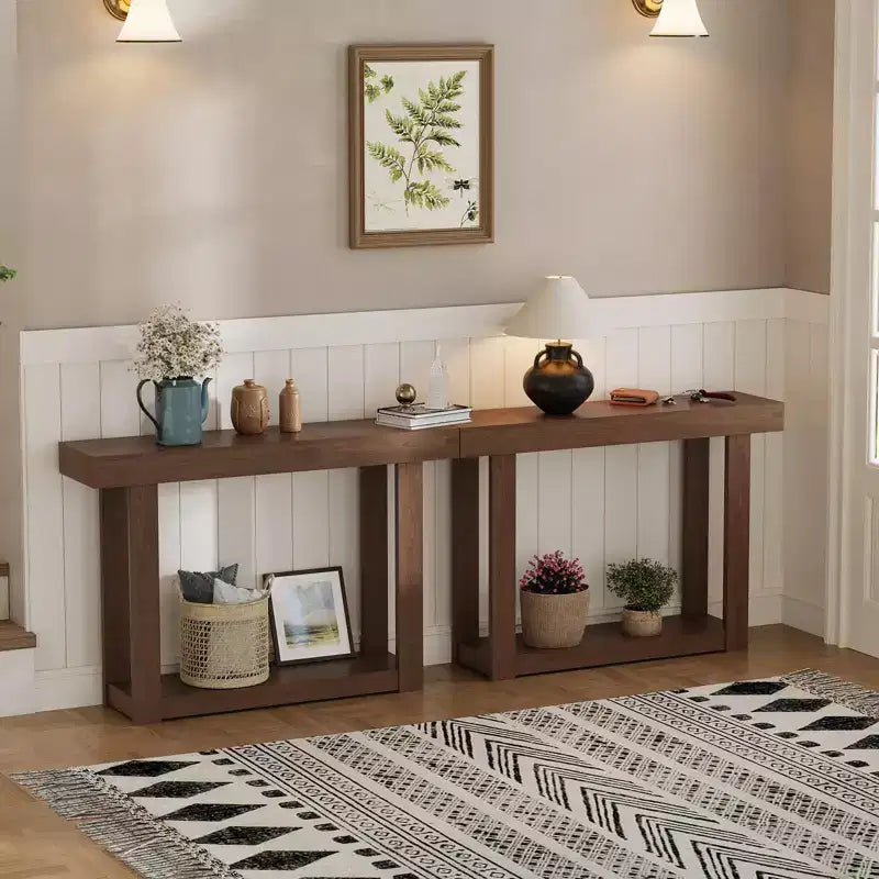 Farmhouse Wood Console Table, Sofa Table with Shelves Entry Way , Narrow Console Table with Open Storage, for Hallway, Behind the Couch, Living Room