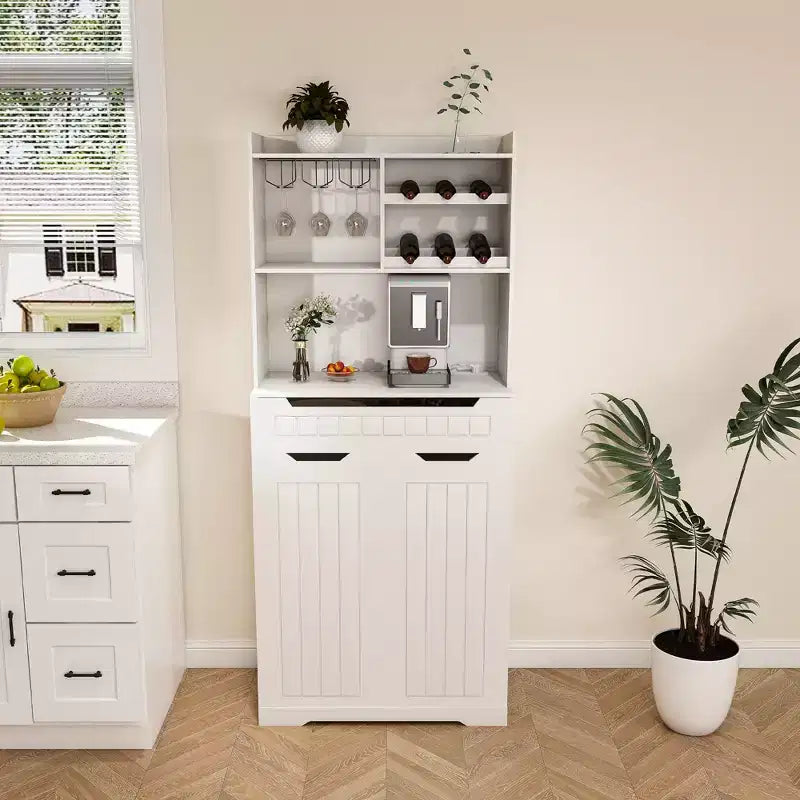 White Buffet Cabinet with Hutch, Modern Farmhouse Kitchen Storage Sideboard with 2 Drawers & Barn Doors, Coffee Bar Station or Liquor Cabinet