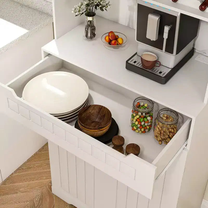 White Buffet Cabinet with Hutch, Modern Farmhouse Kitchen Storage Sideboard with 2 Drawers & Barn Doors, Coffee Bar Station or Liquor Cabinet