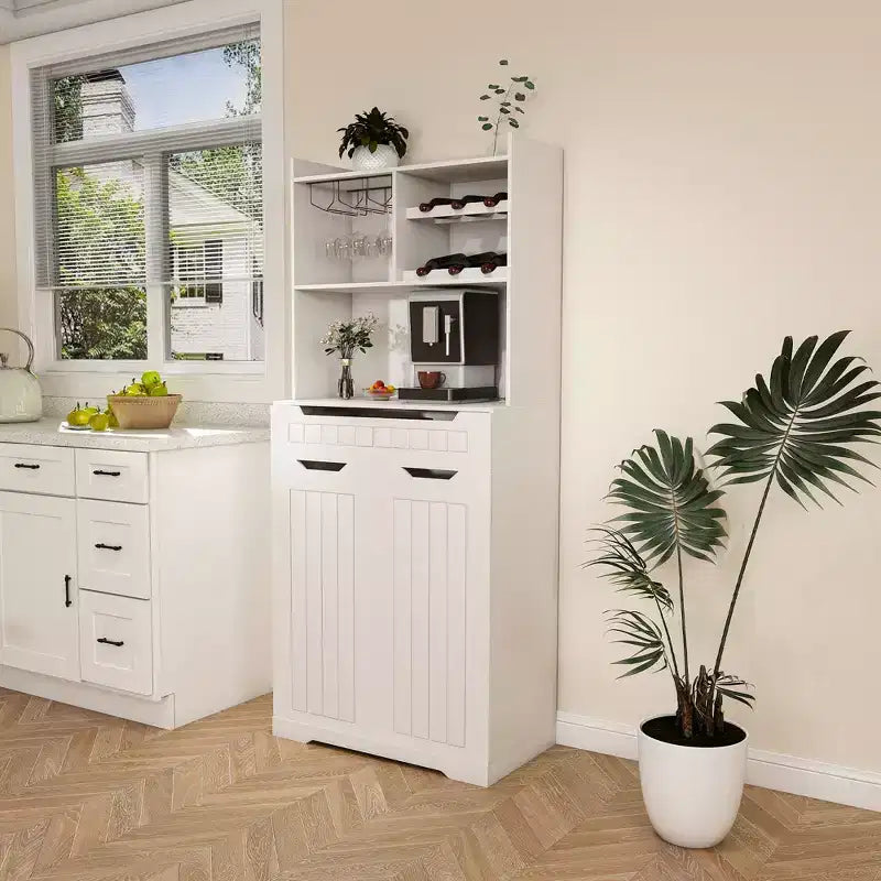 White Buffet Cabinet with Hutch, Modern Farmhouse Kitchen Storage Sideboard with 2 Drawers & Barn Doors, Coffee Bar Station or Liquor Cabinet