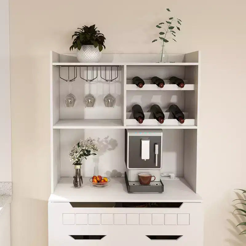 White Buffet Cabinet with Hutch, Modern Farmhouse Kitchen Storage Sideboard with 2 Drawers & Barn Doors, Coffee Bar Station or Liquor Cabinet