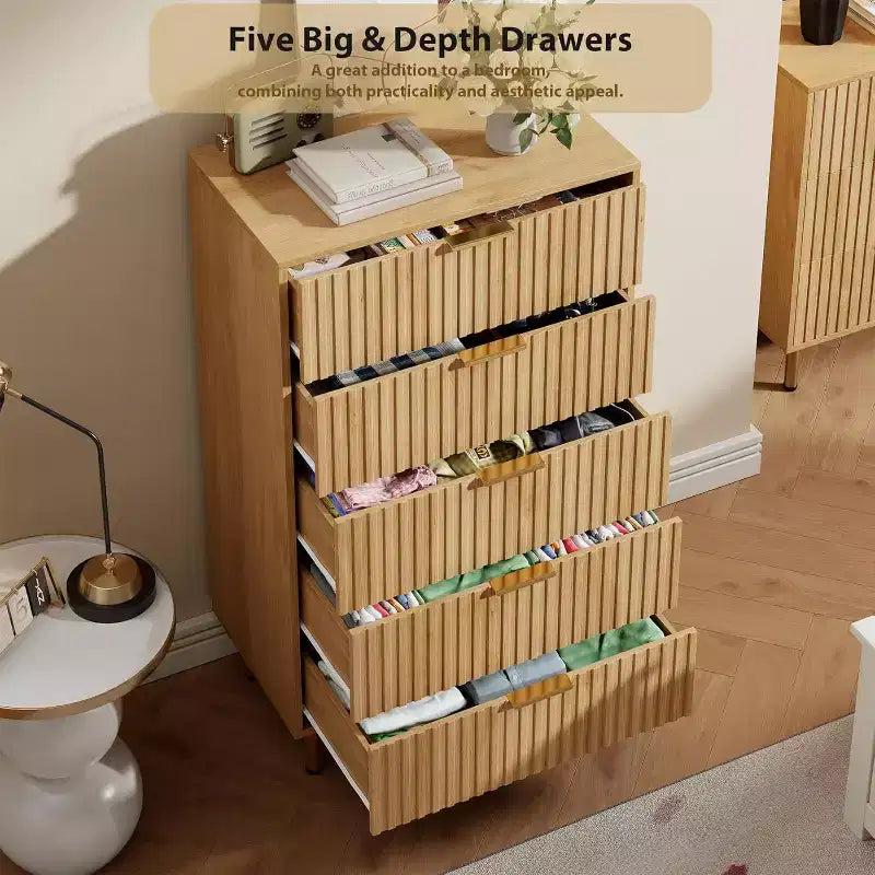 5-Drawer Tall Dresser, 48 Modern Fluted Wood Chest with Deep Drawers and Wide Top, Vertical Storage Organizer for Bedroom, Living Room