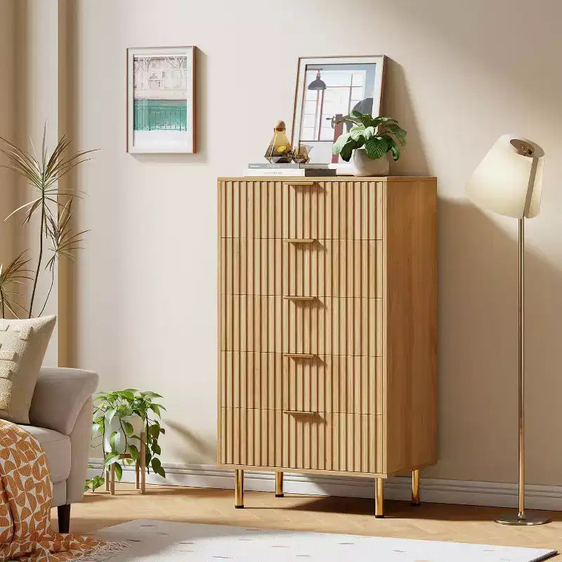 5-Drawer Tall Dresser, 48 Modern Fluted Wood Chest with Deep Drawers and Wide Top, Vertical Storage Organizer for Bedroom, Living Room