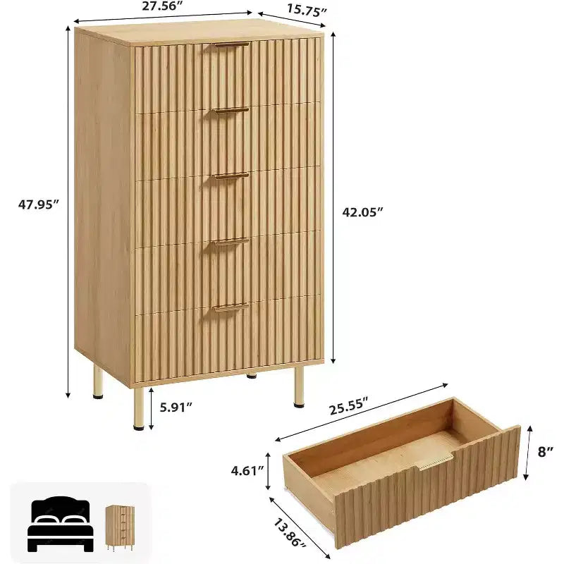 5-Drawer Tall Dresser, 48 Modern Fluted Wood Chest with Deep Drawers and Wide Top, Vertical Storage Organizer for Bedroom, Living Room