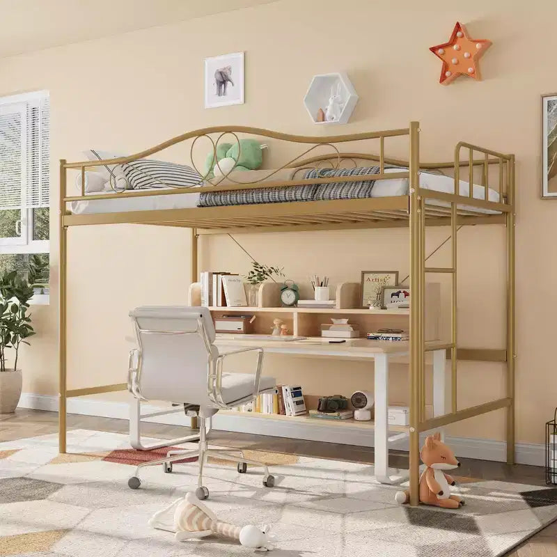 Acekool Twin Loft Bed Frame with Removable Ladder and Full Guardrail, Gold Metal High Loft Bed for Teens Adults, Space Saving, No Box Spring Needed