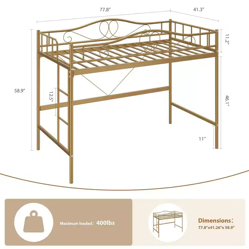 Acekool Twin Loft Bed Frame with Removable Ladder and Full Guardrail, Gold Metal High Loft Bed for Teens Adults, Space Saving, No Box Spring Needed