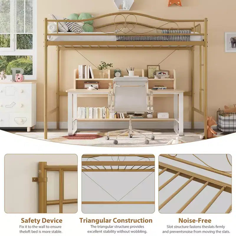 Acekool Twin Loft Bed Frame with Removable Ladder and Full Guardrail, Gold Metal High Loft Bed for Teens Adults, Space Saving, No Box Spring Needed