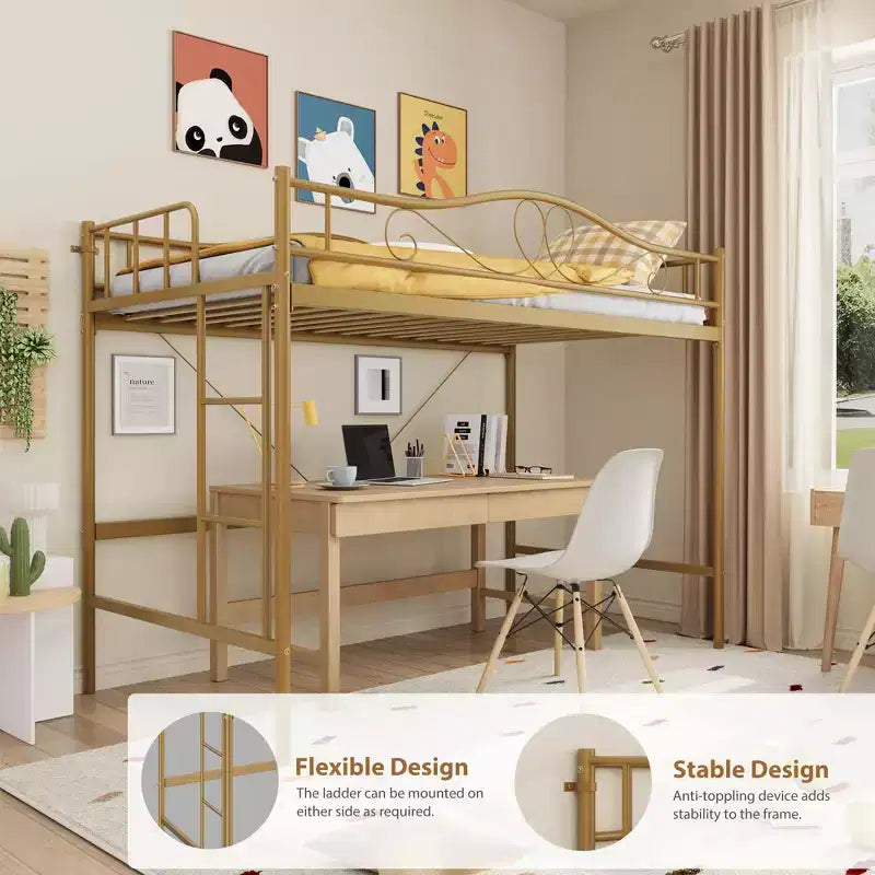 Acekool Twin Loft Bed Frame with Removable Ladder and Full Guardrail, Gold Metal High Loft Bed for Teens Adults, Space Saving, No Box Spring Needed