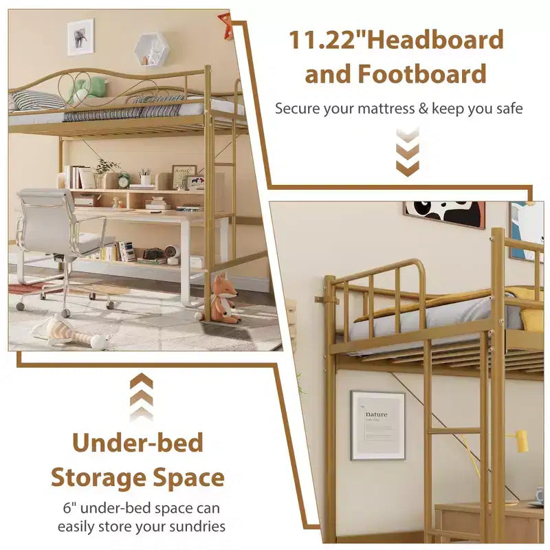 Acekool Twin Loft Bed Frame with Removable Ladder and Full Guardrail, Gold Metal High Loft Bed for Teens Adults, Space Saving, No Box Spring Needed