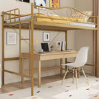 Acekool Twin Loft Bed Frame with Removable Ladder and Full Guardrail, Gold Metal High Loft Bed for Teens Adults, Space Saving, No Box Spring Needed