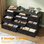 Black 50 inch TV Stand with 8 Drawer Dresser Charging Station for Bedroom Fabric Storage Tower Chest Wood Shelves Media Console Organizer Home Unit