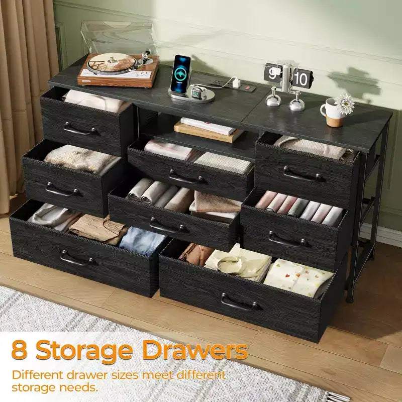 Black 50 inch TV Stand with 8 Drawer Dresser Charging Station for Bedroom Fabric Storage Tower Chest Wood Shelves Media Console Organizer Home Unit