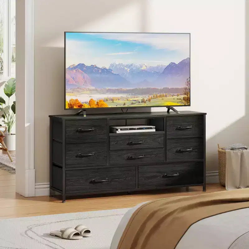 Black 50 inch TV Stand with 8 Drawer Dresser Charging Station for Bedroom Fabric Storage Tower Chest Wood Shelves Media Console Organizer Home Unit