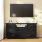 Black 50 inch TV Stand with 8 Drawer Dresser Charging Station for Bedroom Fabric Storage Tower Chest Wood Shelves Media Console Organizer Home Unit