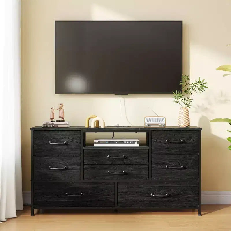 Black 50 inch TV Stand with 8 Drawer Dresser Charging Station for Bedroom Fabric Storage Tower Chest Wood Shelves Media Console Organizer Home Unit