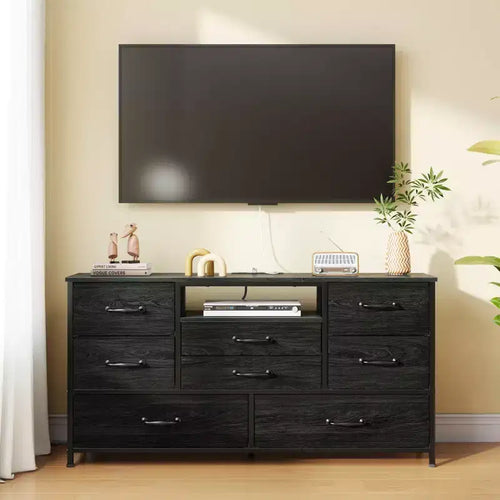 Black 50 inch TV Stand with 8 Drawer Dresser Charging Station for Bedroom Fabric Storage Tower Chest Wood Shelves Media Console Organizer Home Unit