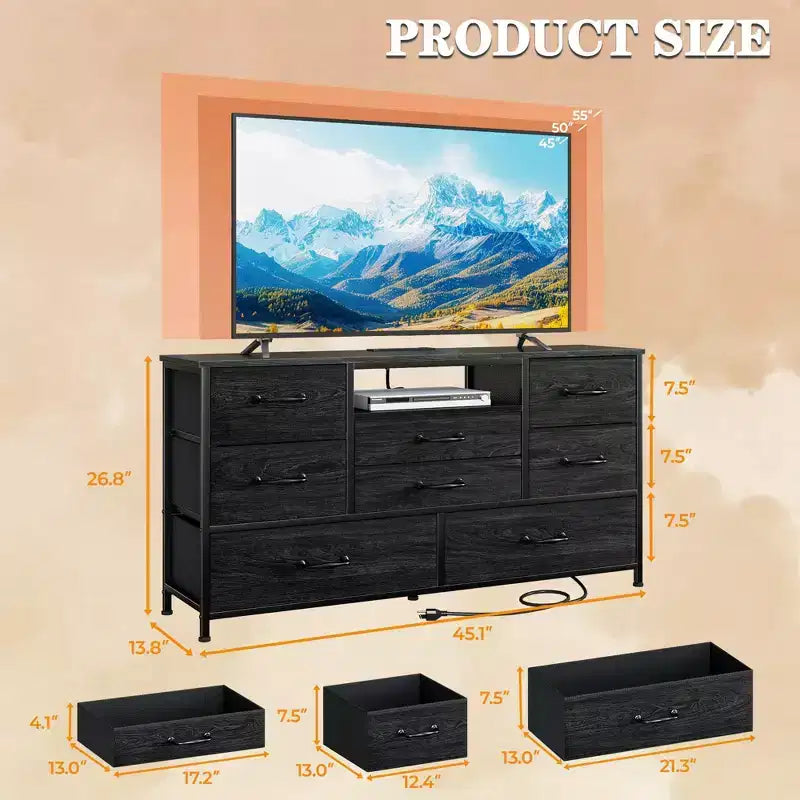 Black 50 inch TV Stand with 8 Drawer Dresser Charging Station for Bedroom Fabric Storage Tower Chest Wood Shelves Media Console Organizer Home Unit