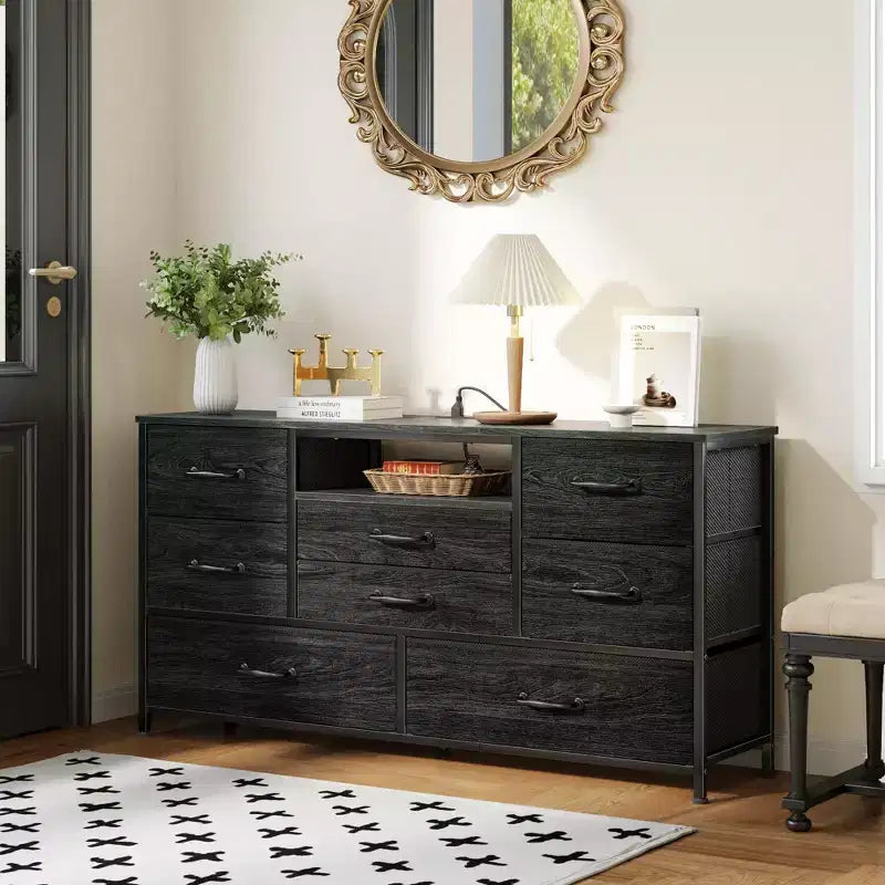 Black 50 inch TV Stand with 8 Drawer Dresser Charging Station for Bedroom Fabric Storage Tower Chest Wood Shelves Media Console Organizer Home Unit