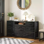 Black 50 inch TV Stand with 8 Drawer Dresser Charging Station for Bedroom Fabric Storage Tower Chest Wood Shelves Media Console Organizer Home Unit