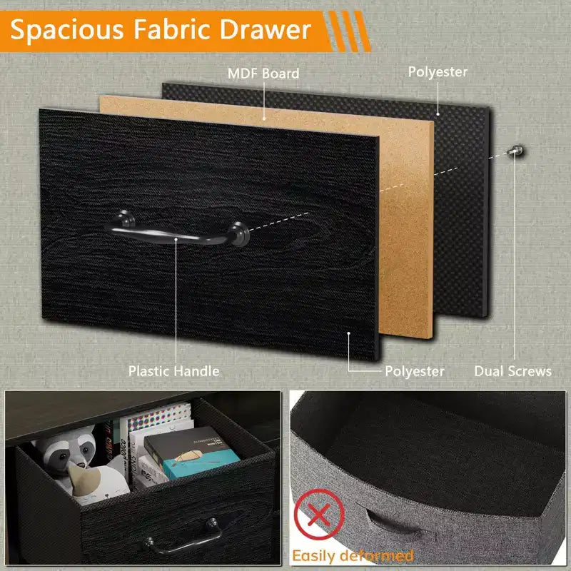 Black 50 inch TV Stand with 8 Drawer Dresser Charging Station for Bedroom Fabric Storage Tower Chest Wood Shelves Media Console Organizer Home Unit