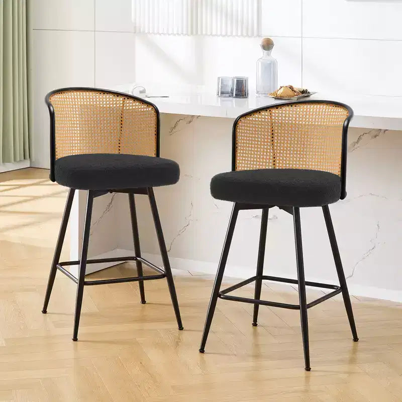 Bekrvio Swivel Rattan Bar Stools,Mid-Century Modern Upholstered Kitchen Island Bar Chairs with Thick Cushion, Metal Frame & Footrest