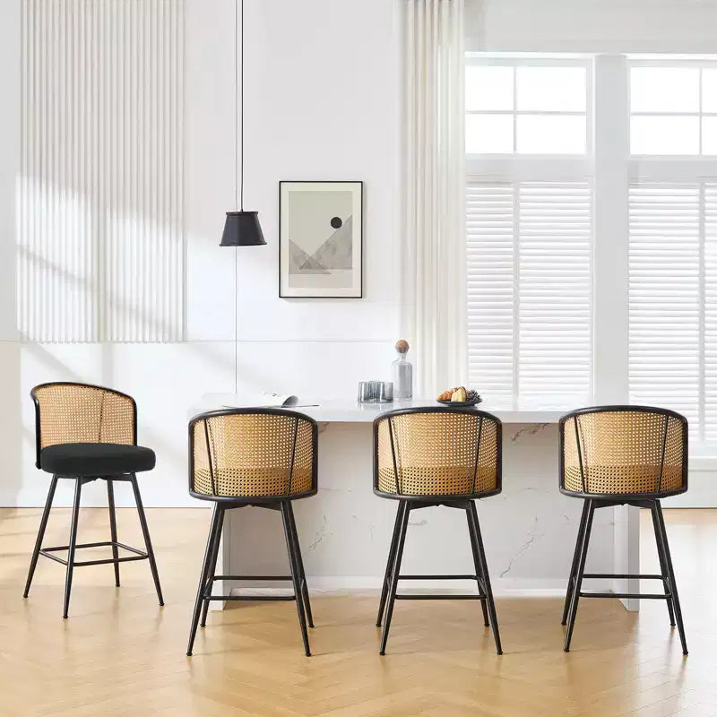 Bekrvio Swivel Rattan Bar Stools,Mid-Century Modern Upholstered Kitchen Island Bar Chairs with Thick Cushion, Metal Frame & Footrest
