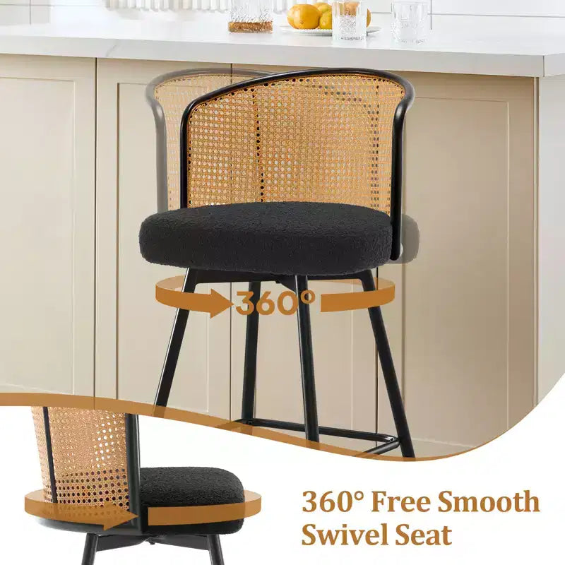 Bekrvio Swivel Rattan Bar Stools,Mid-Century Modern Upholstered Kitchen Island Bar Chairs with Thick Cushion, Metal Frame & Footrest