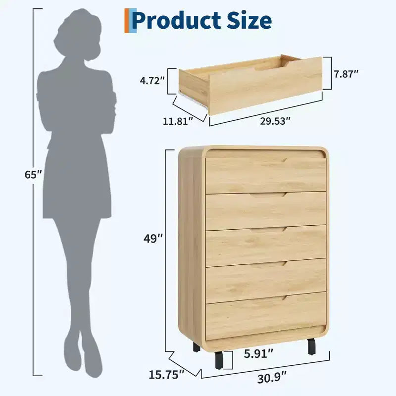 5 Drawers Dresser, 48 High Modern Chest of Drawers, Wood Storage Dresser, for Living Room, Hallway
