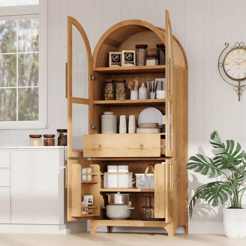 Zeus & Ruta 71 Arched Kitchen Pantry Cabinet with Glass Door, Adjustable Shelves, Hidden Drawer & Door Racks