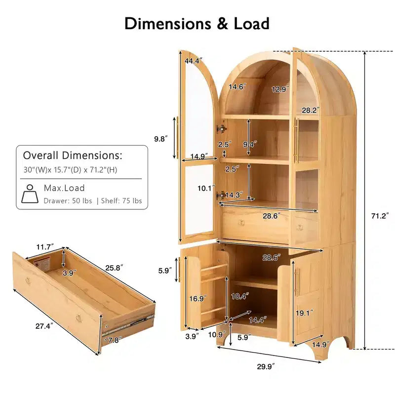 Zeus & Ruta 71 Arched Kitchen Pantry Cabinet with Glass Door, Adjustable Shelves, Hidden Drawer & Door Racks
