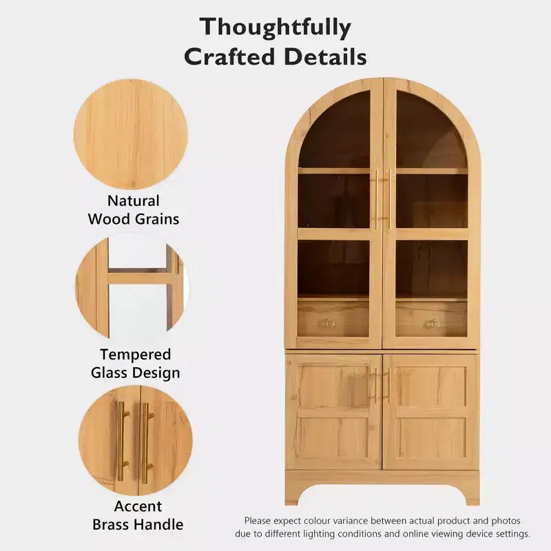 Zeus & Ruta 71 Arched Kitchen Pantry Cabinet with Glass Door, Adjustable Shelves, Hidden Drawer & Door Racks