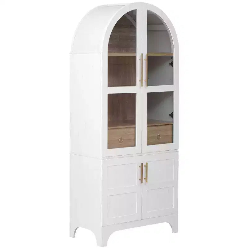 Zeus & Ruta 71 Arched Kitchen Pantry Cabinet with Glass Door, Adjustable Shelves, Hidden Drawer & Door Racks
