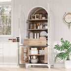 Zeus & Ruta 71 Arched Kitchen Pantry Cabinet with Glass Door, Adjustable Shelves, Hidden Drawer & Door Racks