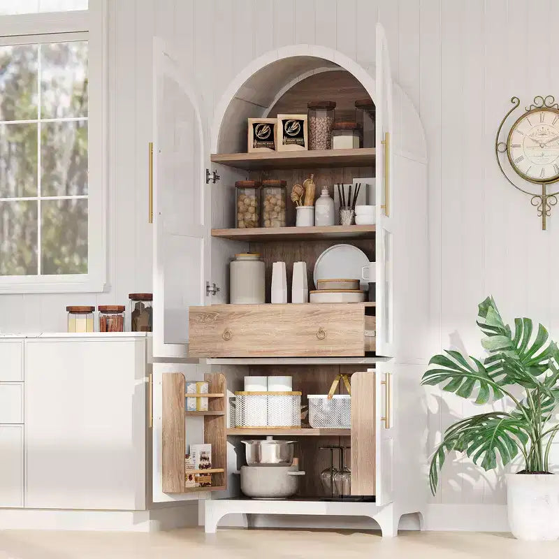 Zeus & Ruta 71 Arched Kitchen Pantry Cabinet with Glass Door, Adjustable Shelves, Hidden Drawer & Door Racks