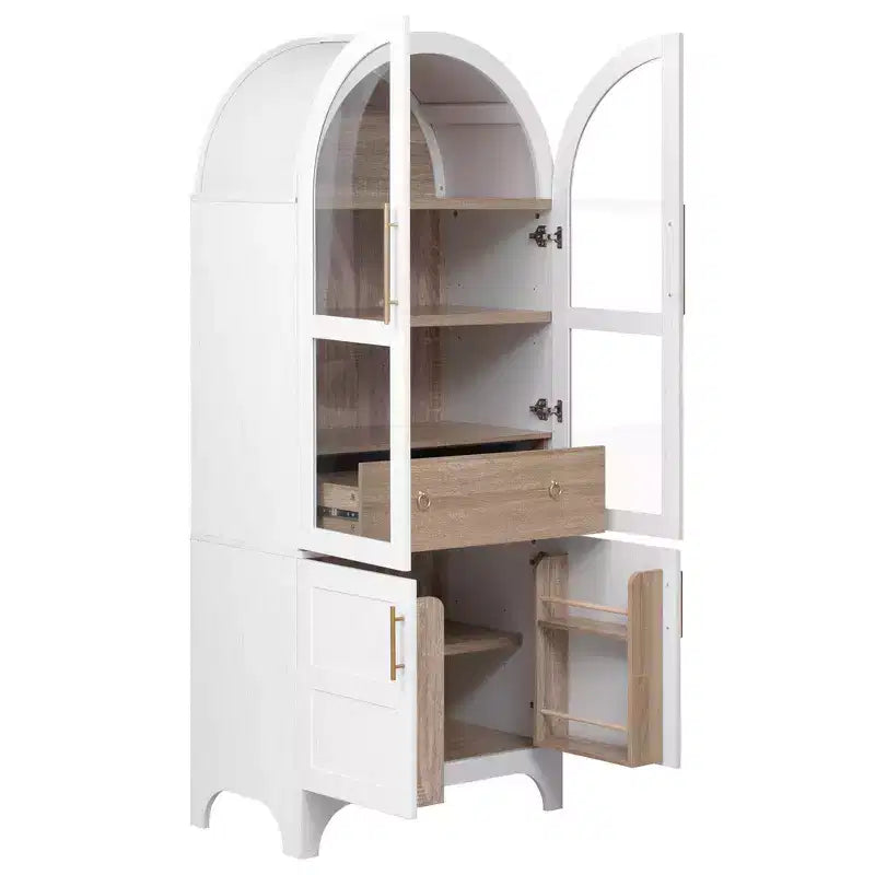 Zeus & Ruta 71 Arched Kitchen Pantry Cabinet with Glass Door, Adjustable Shelves, Hidden Drawer & Door Racks