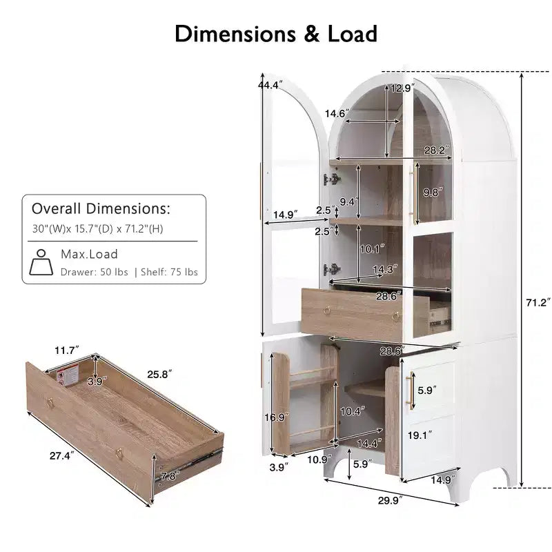 Zeus & Ruta 71 Arched Kitchen Pantry Cabinet with Glass Door, Adjustable Shelves, Hidden Drawer & Door Racks