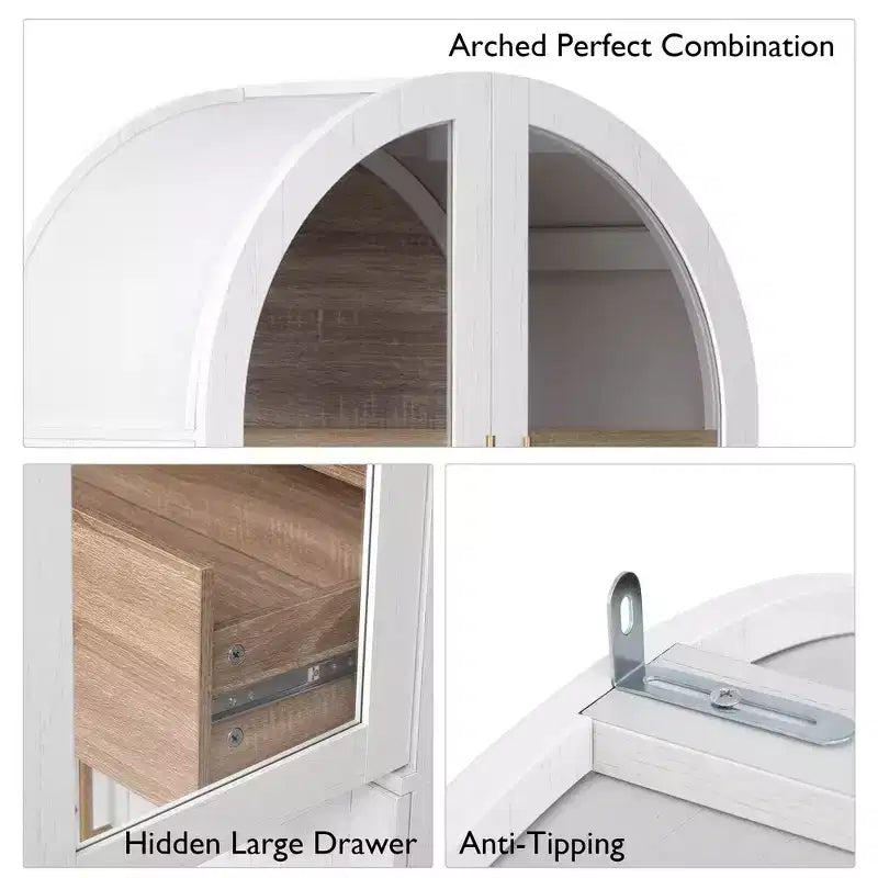 Zeus & Ruta 71 Arched Kitchen Pantry Cabinet with Glass Door, Adjustable Shelves, Hidden Drawer & Door Racks