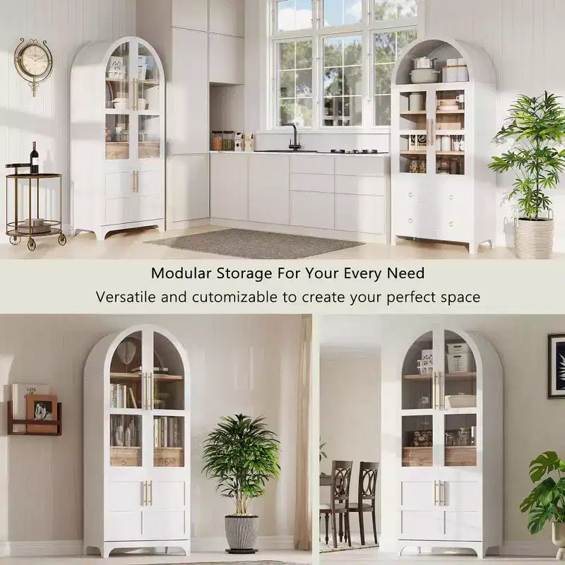 Zeus & Ruta 71 Arched Kitchen Pantry Cabinet with Glass Door, Adjustable Shelves, Hidden Drawer & Door Racks