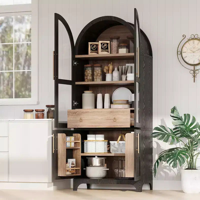 Zeus & Ruta 71 Arched Kitchen Pantry Cabinet with Glass Door, Adjustable Shelves, Hidden Drawer & Door Racks