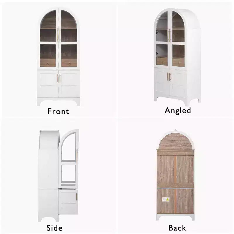 Zeus & Ruta 71 Arched Kitchen Pantry Cabinet with Glass Door, Adjustable Shelves, Hidden Drawer & Door Racks
