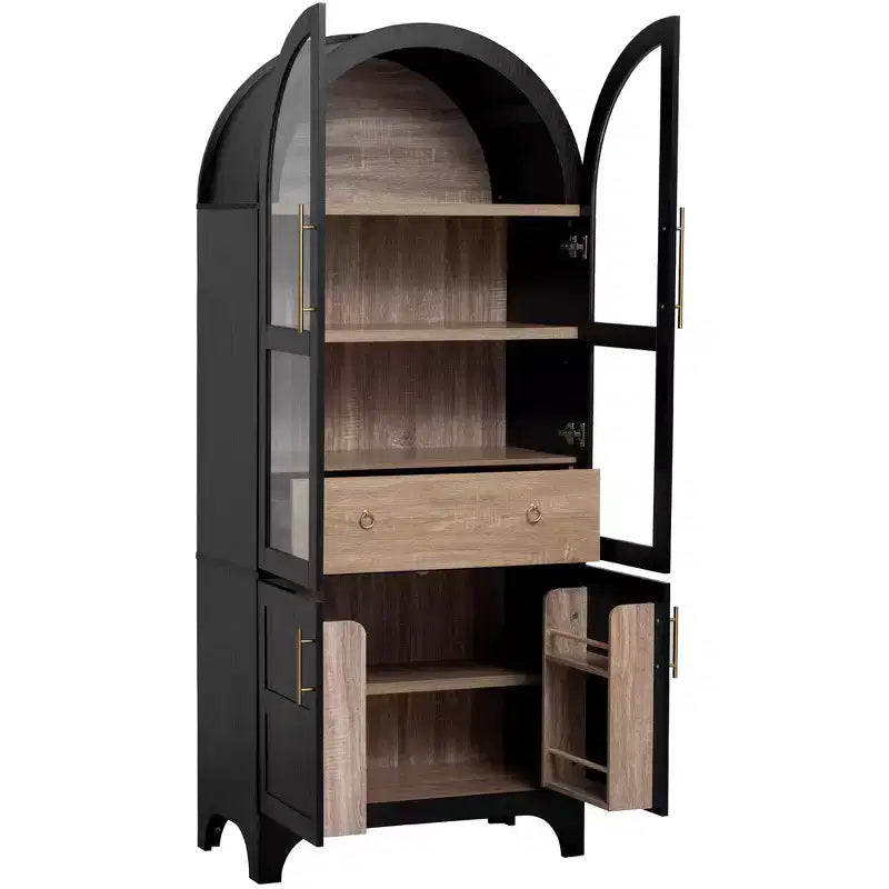 Zeus & Ruta 71 Arched Kitchen Pantry Cabinet with Glass Door, Adjustable Shelves, Hidden Drawer & Door Racks
