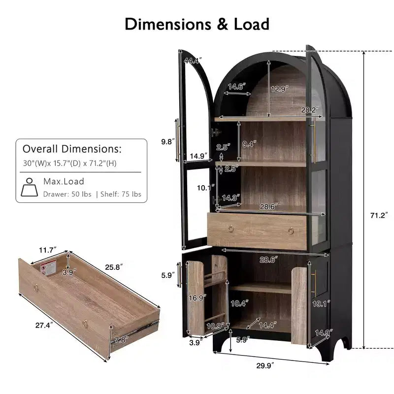 Zeus & Ruta 71 Arched Kitchen Pantry Cabinet with Glass Door, Adjustable Shelves, Hidden Drawer & Door Racks