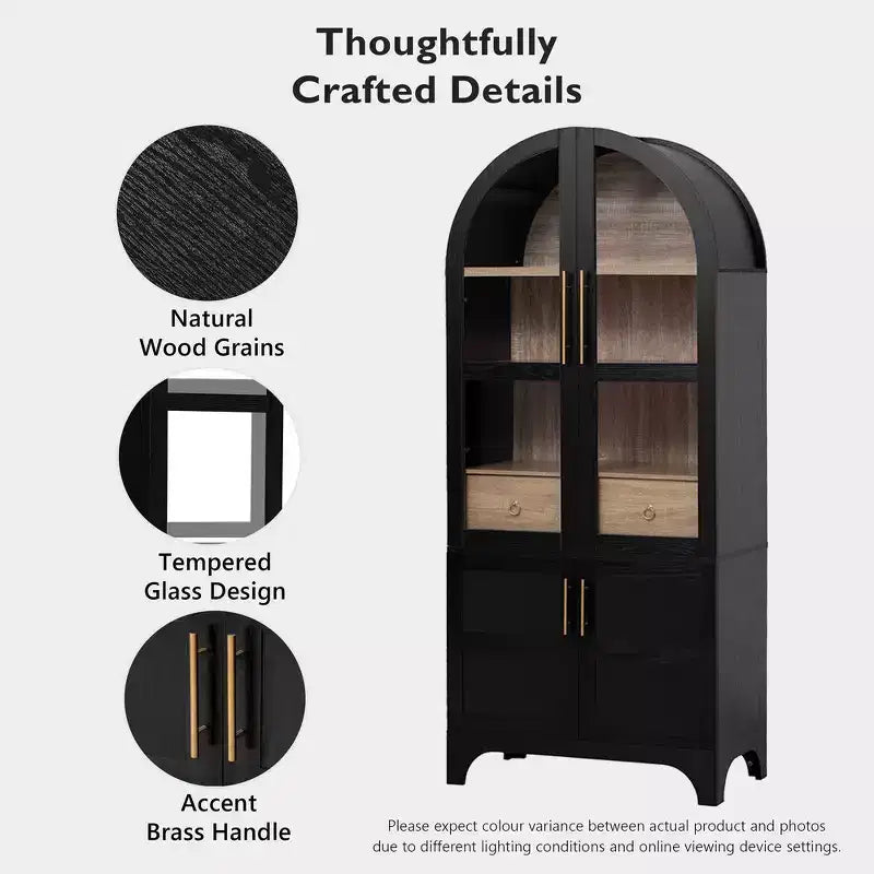 Zeus & Ruta 71 Arched Kitchen Pantry Cabinet with Glass Door, Adjustable Shelves, Hidden Drawer & Door Racks