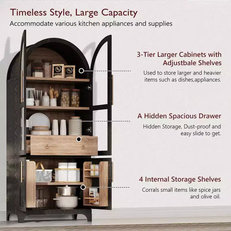 Zeus & Ruta 71 Arched Kitchen Pantry Cabinet with Glass Door, Adjustable Shelves, Hidden Drawer & Door Racks