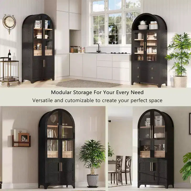 Zeus & Ruta 71 Arched Kitchen Pantry Cabinet with Glass Door, Adjustable Shelves, Hidden Drawer & Door Racks